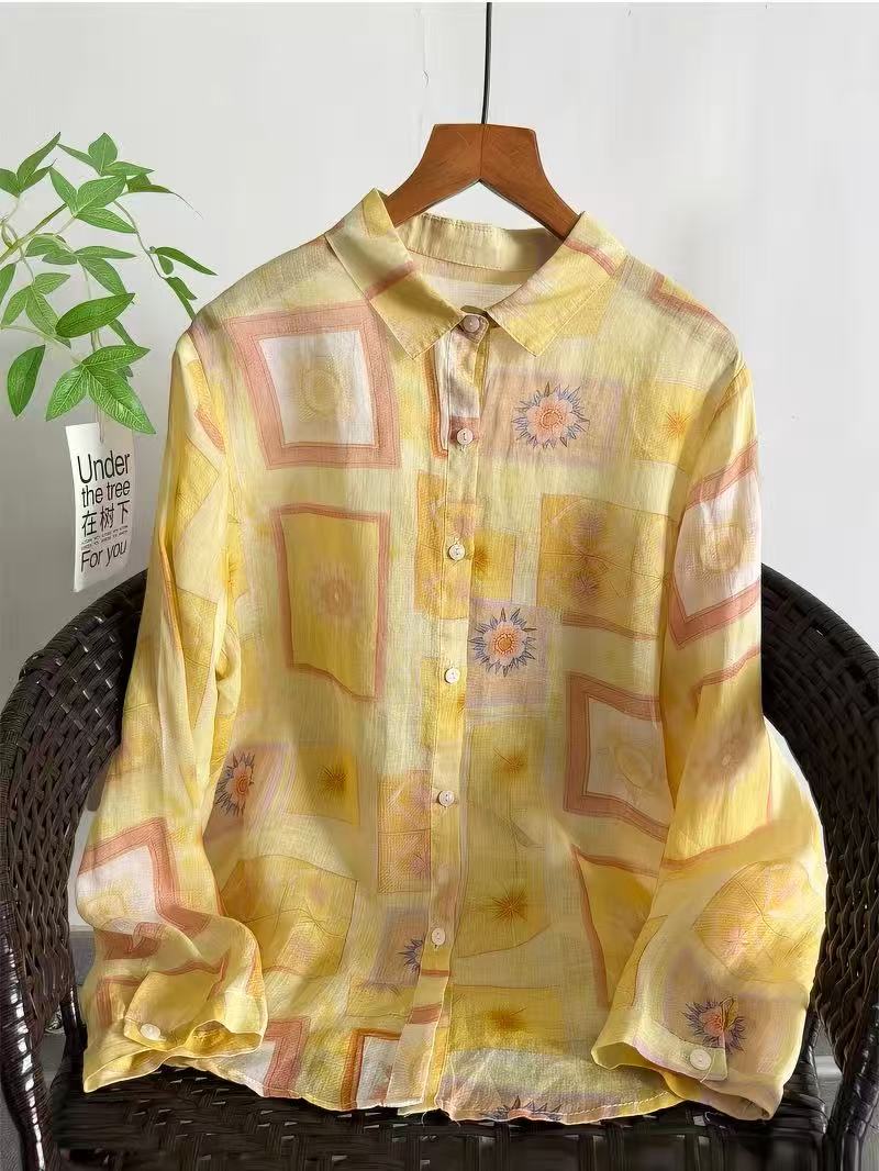 Yellow Summer Clothing - 100% рамиевая рубашка-блузка с длинным рукавом,